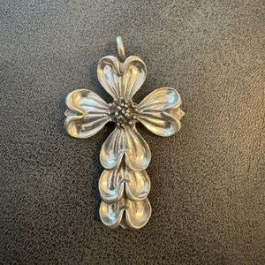 Vintage Marcie USA signed Pewter Dogwood Flower Cross Pendant